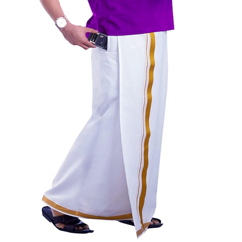 PRAKASAM COTTON Dhoti da Uomo Colore Bianco Bordo Jari Tasca con Velcro Cucito/Taglia Vita -34 pollici- Lunghezza- 42 pollici