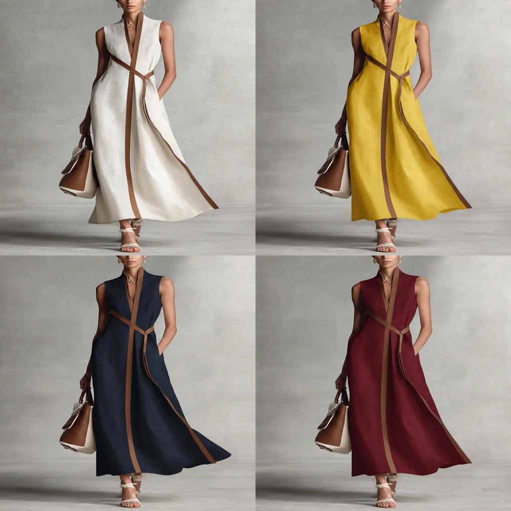 Spring 2026 Polyester Spliced Sleeveless Dress With Deep V Neck For Casual Wear