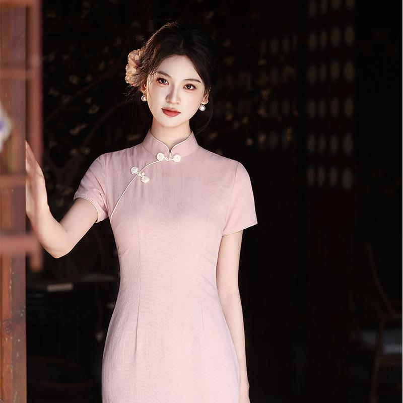 1011 spring and summer new cheongsam new Chinese style stand-up collar pink cheongsam engagement return dress slim women cheongsam