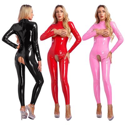 Dámské duté kombinézy Catsuit s dlouhým rukávem Mock Krk Zip na zádech Lakované body