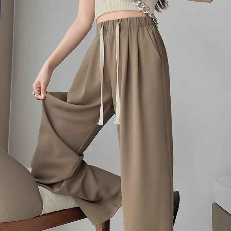Summer 2024 Women's High Waist Versatile Wide-Leg Suit Pants with Drawstring, Size 145 Slimming