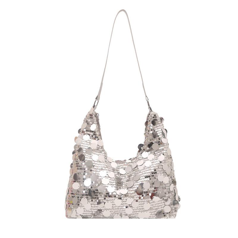 Street Style Womens Large Shoulder Bag With Glitter Sequins And Open Outer Pocket