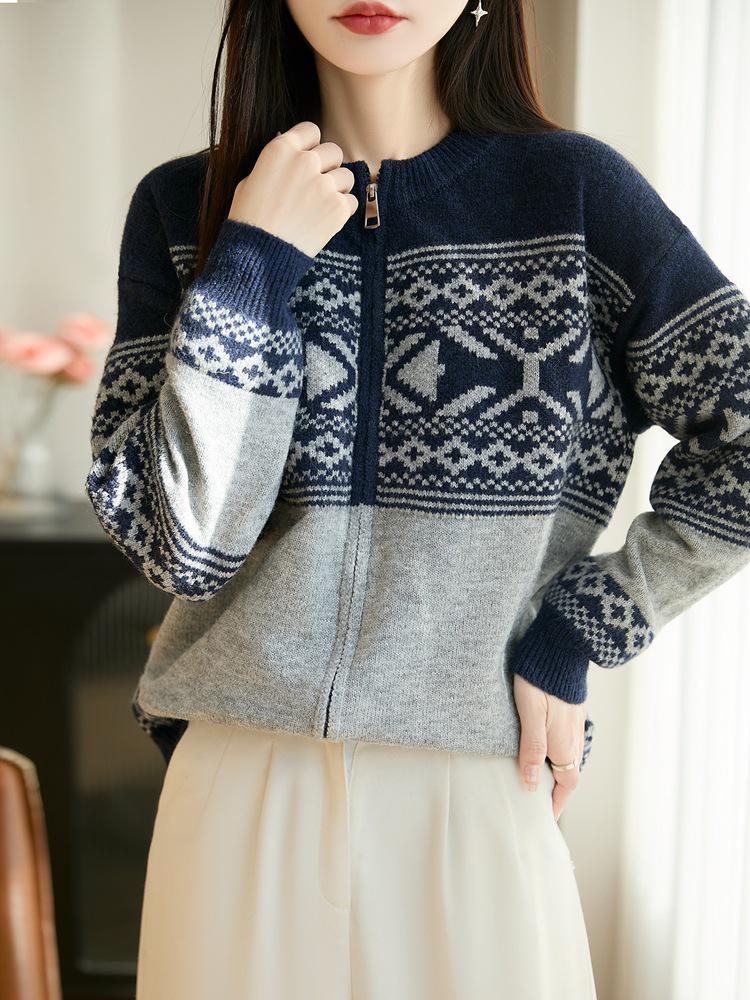 Autumn/Winter Fair Isle Color Block Jacquard Velvet Cardigan Sweater with Double Zipper