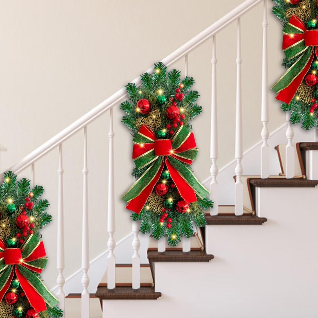 Christmas Artificial Swags, Xmas Prelit Stairway Swag Teardrop Trim Wreath,Door Stair Red Berry Garland Christmas Wreath For Outdoor Home Garden Decor