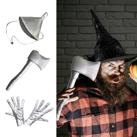 3 ks Halloweenská plechová sada kostýmních doplňků Stříbrný klobouk ve tvaru trychtýře Rukavice a sekera Sada pro dospělé Děti Cosplay Party Maškarní