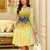 Women Long Sleeve Round Neck Midi Dress Retro Paisley Floral Swirl Print Flared Casual Dress