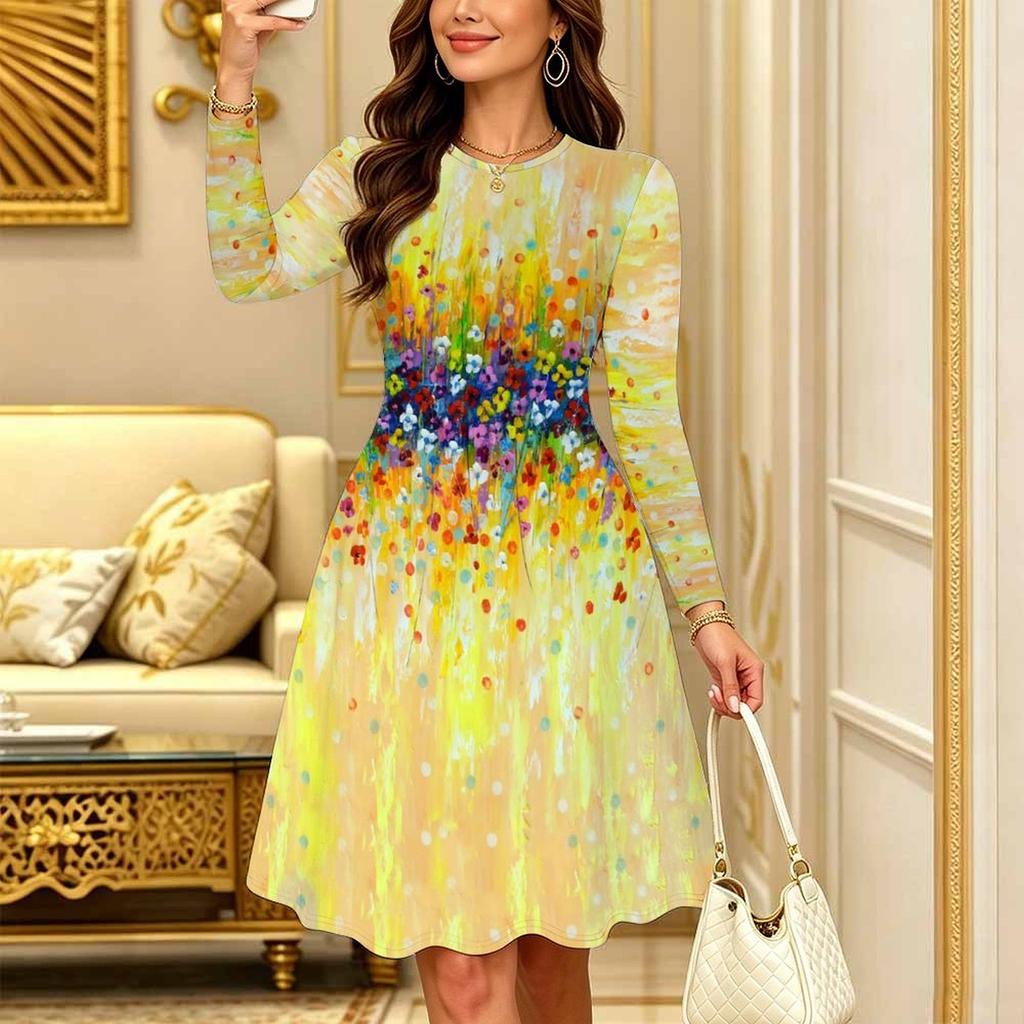 Women Long Sleeve Round Neck Midi Dress Retro Paisley Floral Swirl Print Flared Casual Dress