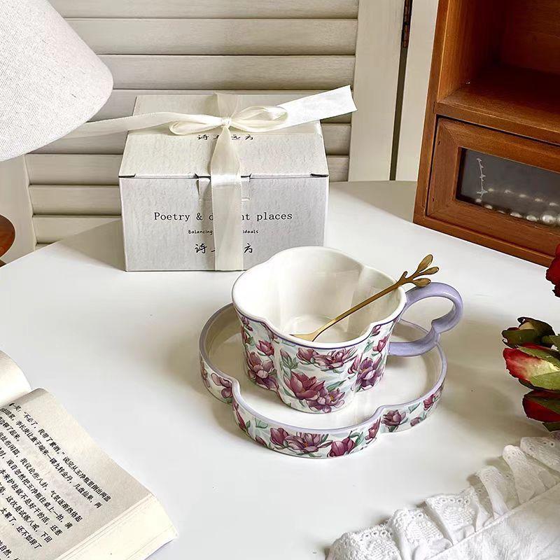 Retro Plum Blossom Shaped Peach Blossom Coffee Cups and Saucers  Chinese Style Afternoon Tea Cups  Latte Art Cups  and Niche Gifts