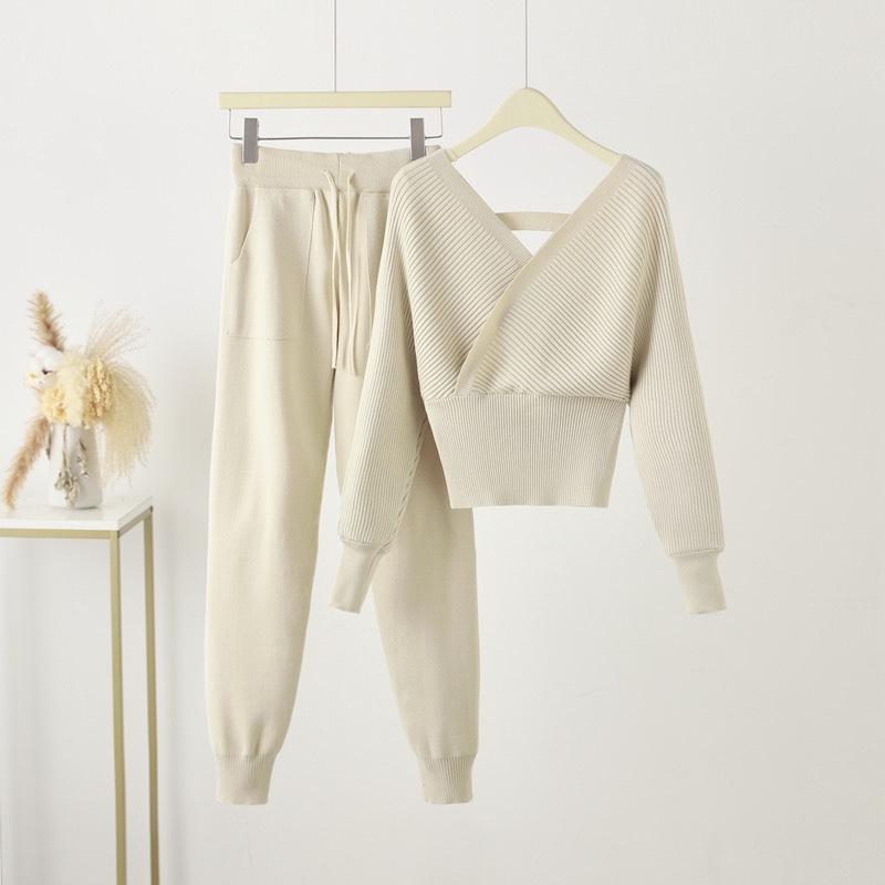 

Женский трикотажный комплект из двух частей, осенний короткий сексуальный свитер с открытыми плечами, трикотажные леггинсы, повседневный трикотажный комплект из двух частей one size абрикосовый