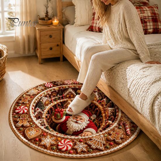 Winter Welcome Mat 3D Christmas Round Rug, Optical Illusion Area Santa Claus Deep Hole Festive Indoor Floor Prints, Non-slip Rug for Entrance