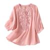 Women Cotton Linen Flower Embroidery Shirt Women Three Quarter Sleeves V-Neck Casual Blouse Loose Solid Color Mother Blouse Women Top