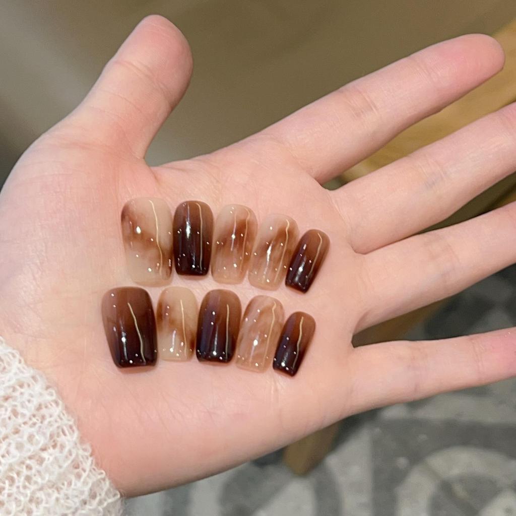 Red Brown Autumn/Winter Coffee Color Gradient Handmade Wearable Nails Model Y838 with Box and Tool Kit.