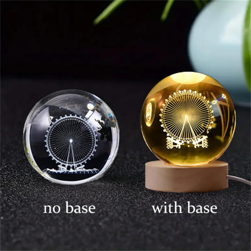 6/8cm 3D Crystal Ball Glass Planet LED Warm Night Light Laser Engraved Solar System Globe Universe Birthday Gift Wooden Base
