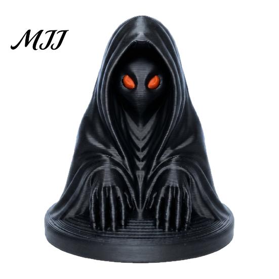 Dark Atmosphere Decoration Halloween Cloaked Ghost Figurine with Red Eyes, 3D Printed Matte Small Gothic Accents Black Ornament for Desk Cabinet