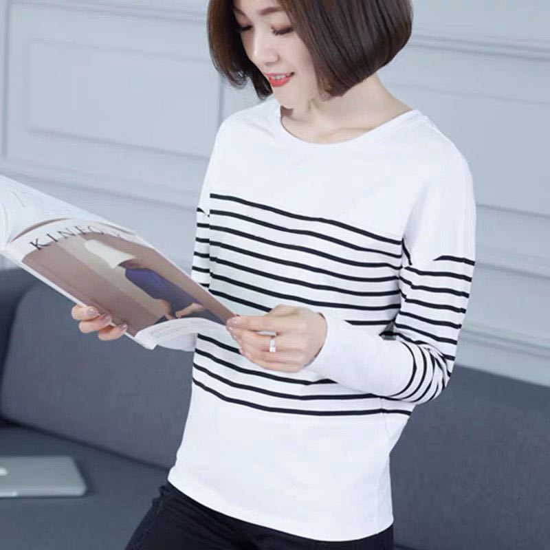 M-5XL Long Sleeved T-shirt for Women Fashion Autumn Clothing Loose Round Collar Bottoming Shirt New Striped Top