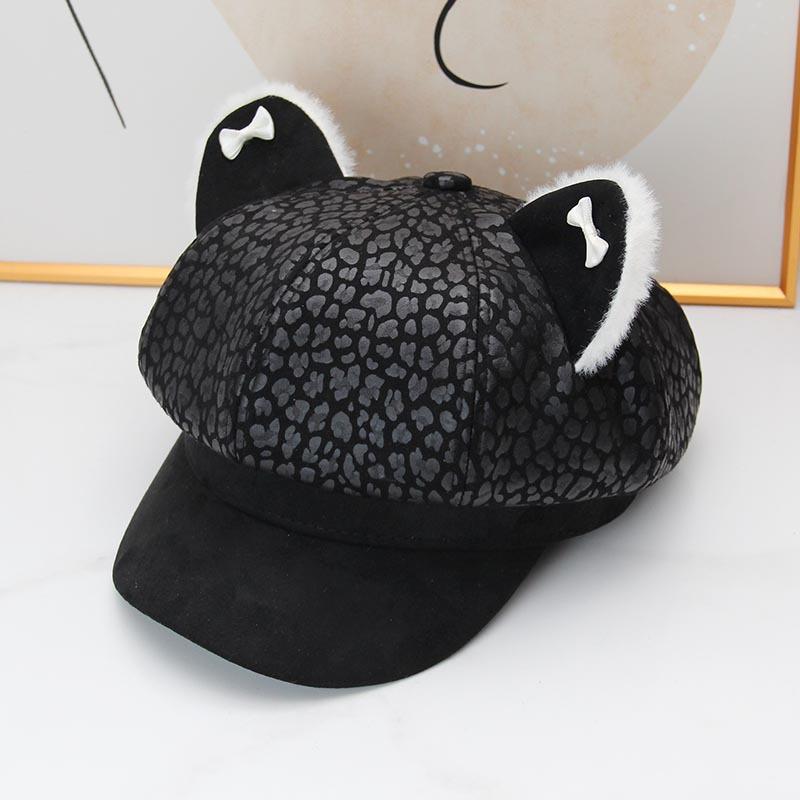 Autumn and winter new cute leopard print cat ears octagonal hat Spice girl fashion newsboy hat women warm duck tongue beret tide