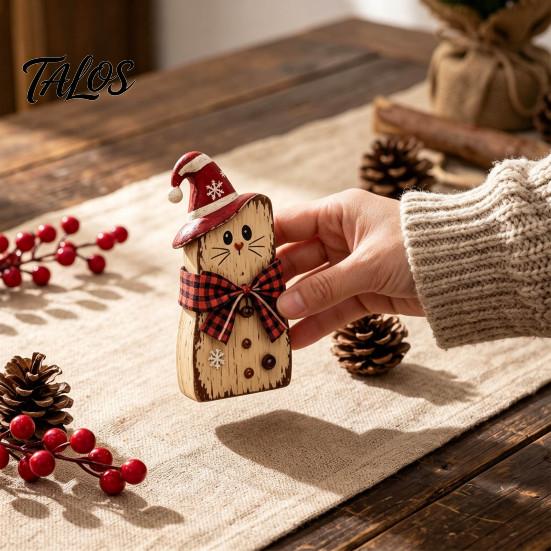 Small Decorative Figurines for Home Christmas Wooden Tabletop Figurine, Hand Painted Santa Reindeer Cat Decor, Rustic Festive Crafts Wood Holiday