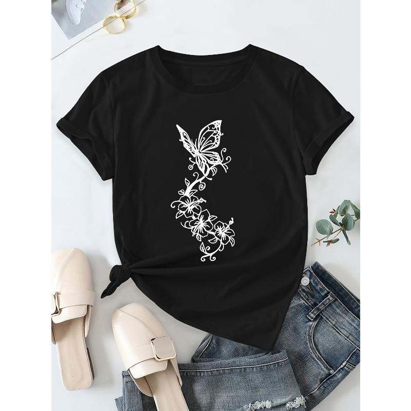 European sizes Printed Casual Round Neck Short Sleeve T-shirt | Summer Women'S Wear, Machine Washable, Regular Length