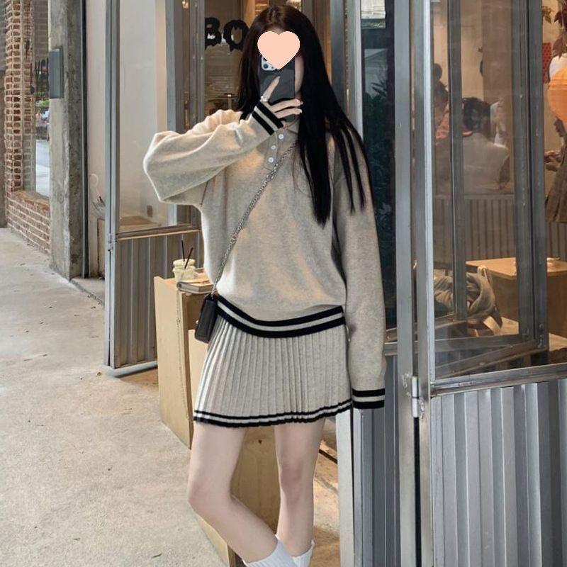 Korean Style Loose Fit Knitted Sweater & Pleated Midi Skirt Two-Piece Set