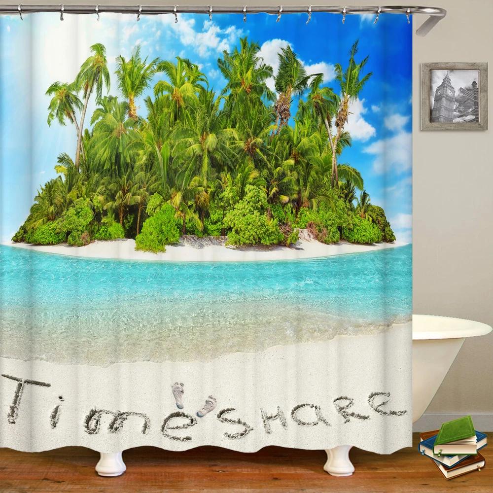 Beach Shower Curtain Waterproof Home Decoration Curtain 3D Palm Tree Seaside Beach Landscape Printed With Hooks Bathroom Curtain