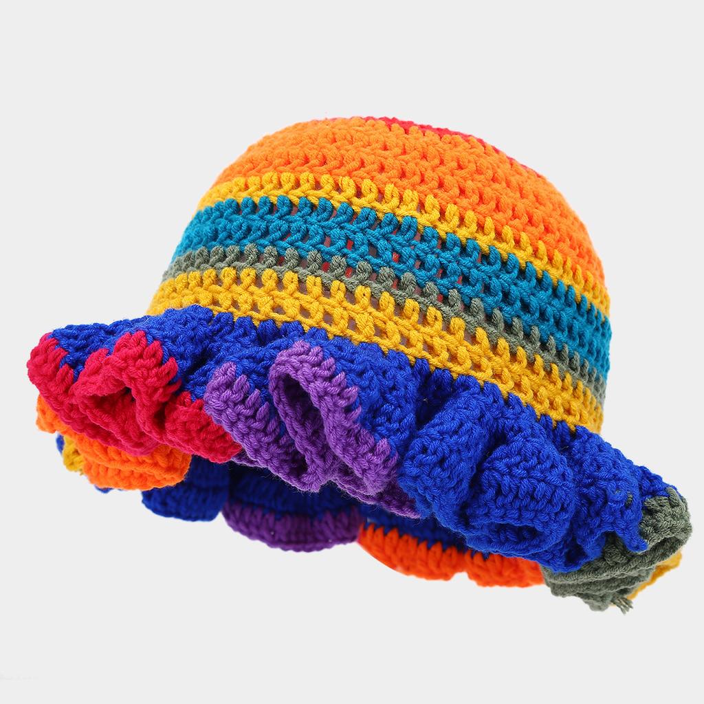 Women's Autumn & Winter Street Style Unique Handmade Crochet Ruched Brim Knitted Hat, Colorful Party Beanie Unisex for Daily Wear Halloween