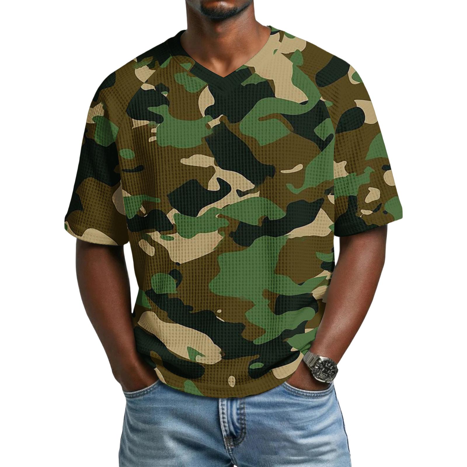 Ionia Heren V-hals Korte Mouw Camouflage Print Casual T-shirt Losse Pasvorm Lichtgewicht Ademend Top voor Dagelijks Gebruik XL groen