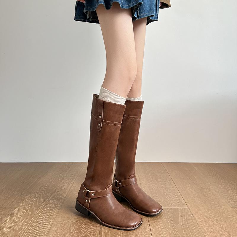 

Autumn and winter big tube circumference thick leg long boots 2025 new women s autumn and winter high-end brown tall western boots 34 коричневый