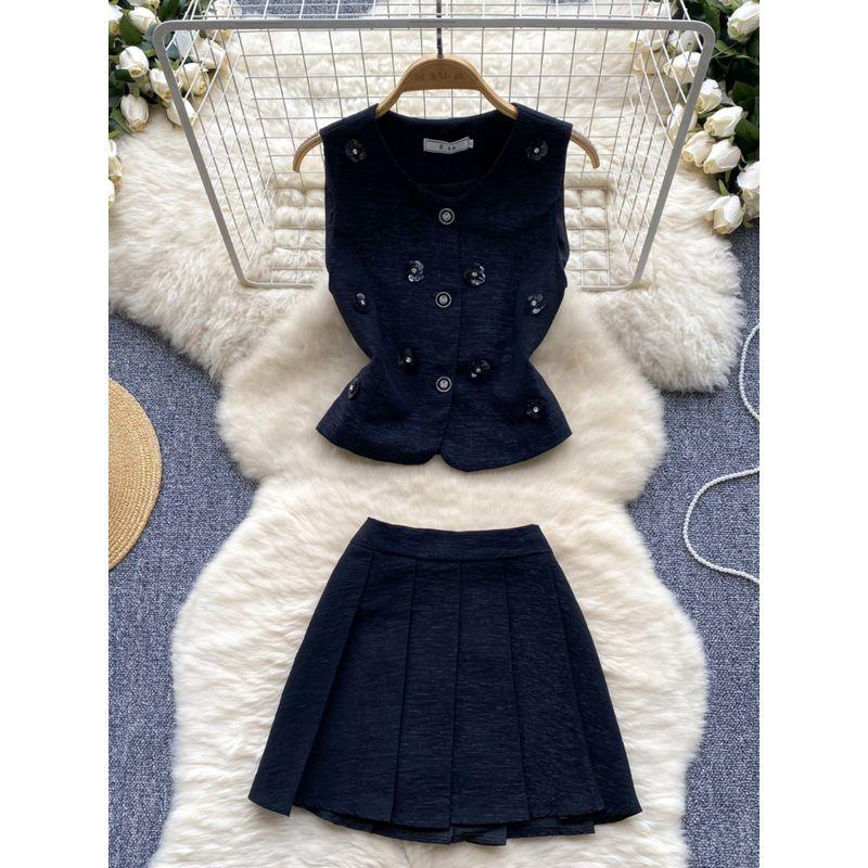 French Socialite Fancy Classic Style Three-Dimensional Flower Sleeveless Waistcoat Vest Pleated Skirt Summer Two-piece Set