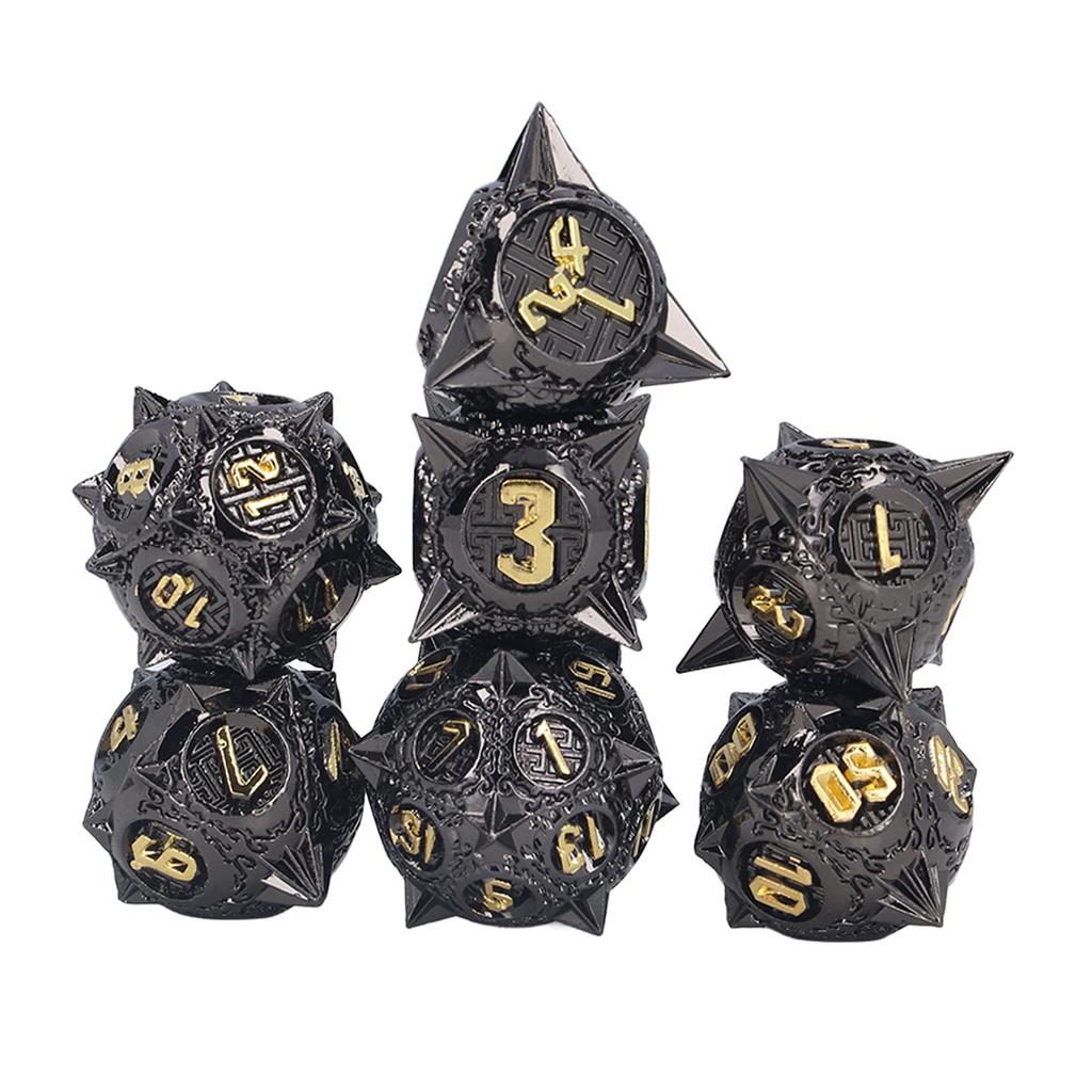 7 PCS Metal Dice Set Polyhedral Portable Board Game Dice Balanced Scrolling Vintage Table Games Accessory Black Gold