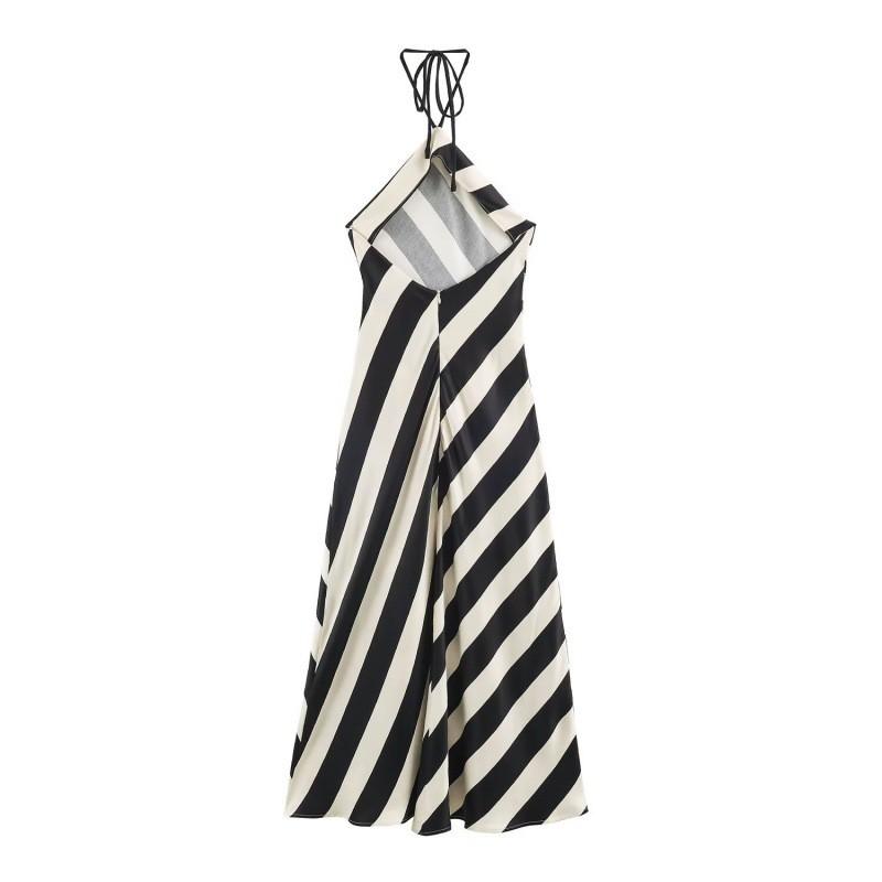 Robe Mi-longue Asymétrique à Rayures, Col Halter, Dos Nu, Sans Manches pour Femme, Tenue Décontractée Élégante