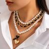 3pcs/set Fashion Jewelry Multilayer Imitation Pearl Beaded Necklace Punk Big Love Heart Pendant Chain Grunge Necklace Set