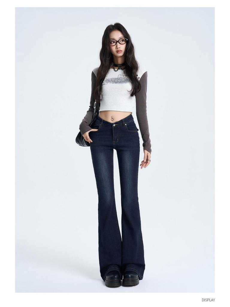 Jeans a zampa retro a vita a V da donna 2025 - Pantaloni a zampa a vita bassa trendy