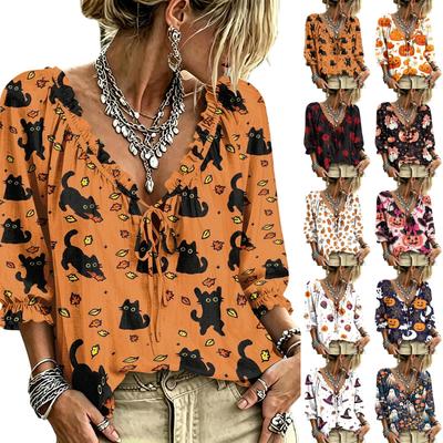 Women's Halloween Print Ruffle V-Neck Blouse with Tie Front for Party Costume