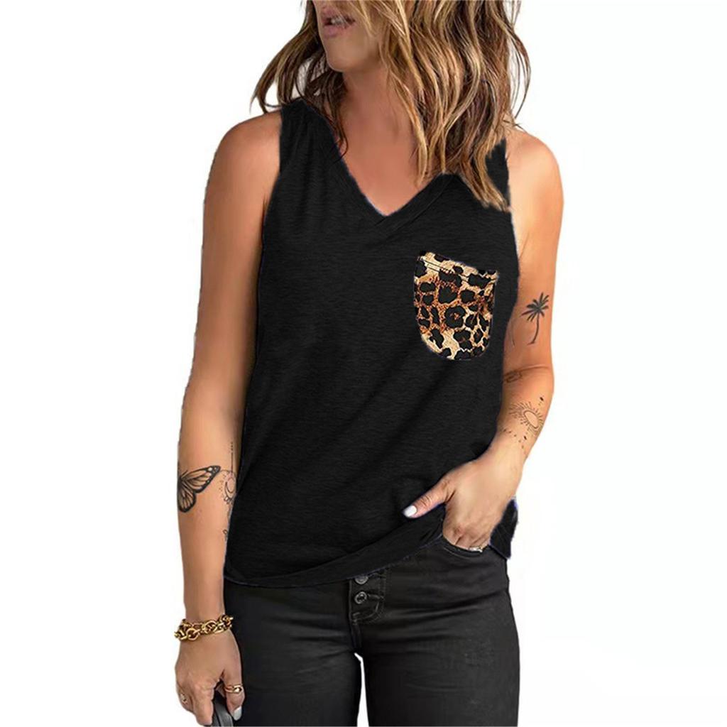 Women's Fashion V-Neck Leopard Print Pocket Sleeveless Tank Top Loose T-Shirt