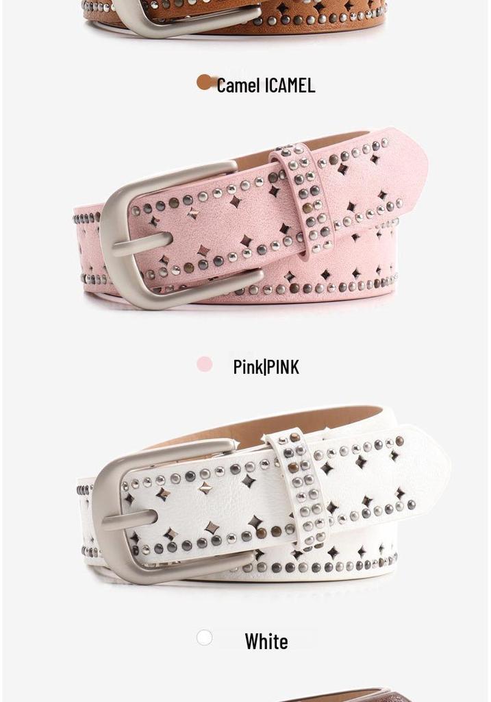 Women's Y2K Perforated Leather Belt with Double Row Rivets – Punk Niche Design for Versatile Jeans