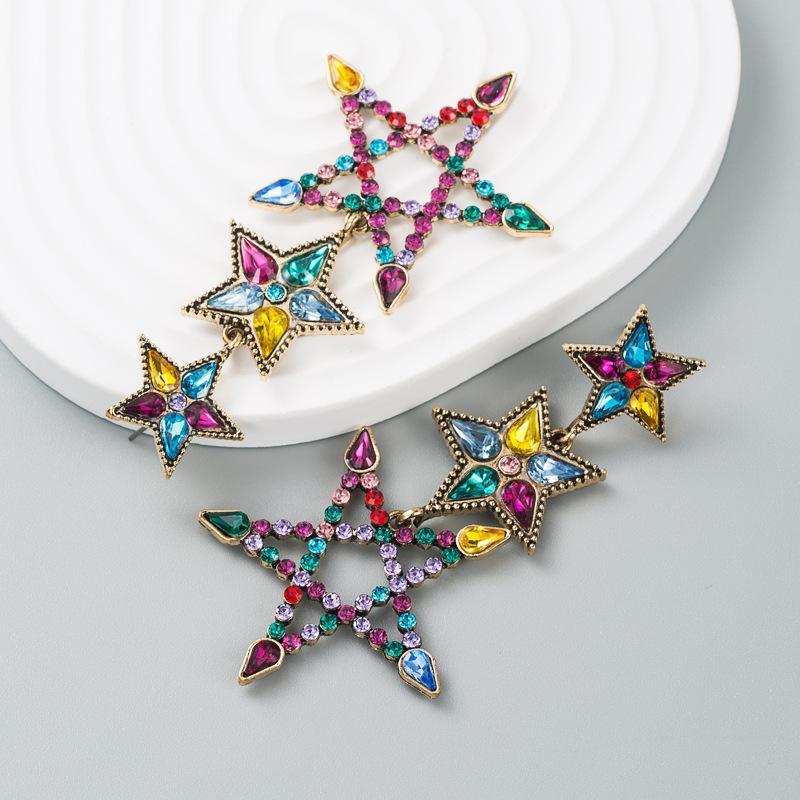 Women's Drop Alloy Strar Hollow Inlaid Color Crystal Geometric Creative Temperament High Quality Earrings