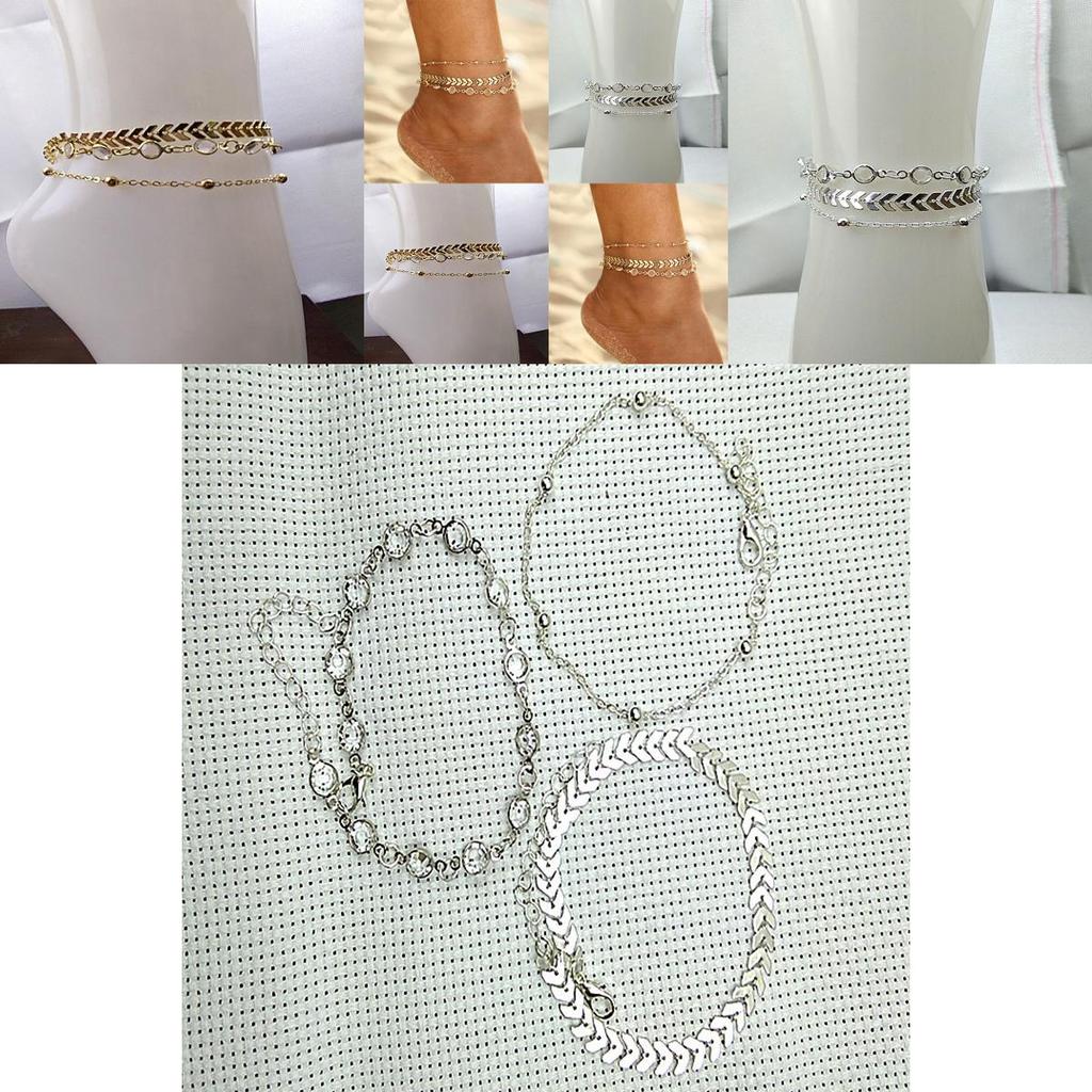 Elegant 3pcs Set Of Timeless Beach-inspired Fishbone Chain Crystal Zircon Anklets