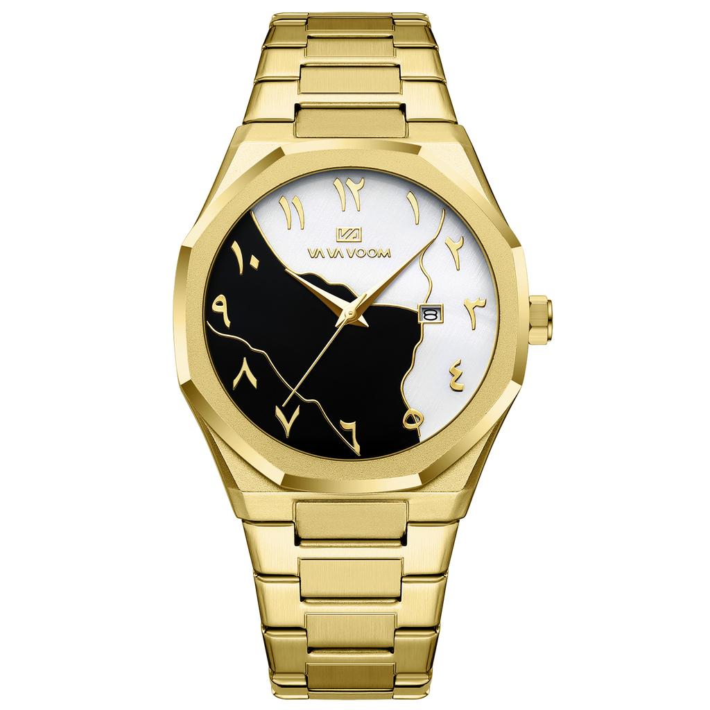 VA VA VOOM Brand Men Watch Fashion Stainless Steel Business Style Gold Luxury Calendar Clock Marble Dial Quartz Movement Watches