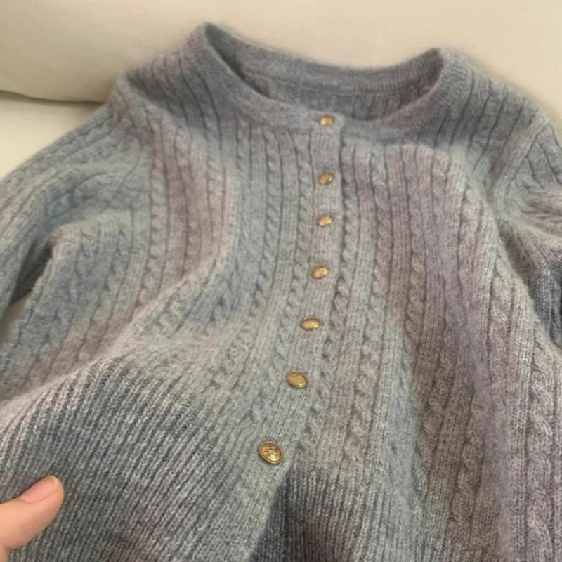 Casaco Cardigan Feminino Cinza Tricô Cabo Barganha - Outono/Inverno Estilo Europeu