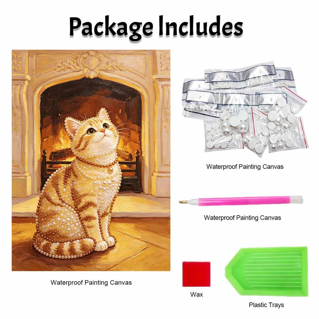 5D Pearl Kit Pearl Cat Cozy Fireplace Design DIY Enamel Art for Living Room Bedroom Wall Decoration Handmade Gift