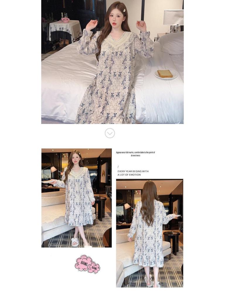 2025 V-Neck Pearl Cotton Long Sleeve Nightgown with Chest Pad – Spring/Autumn Oversized Sleep Dress for Indoor/Outdoor Wear