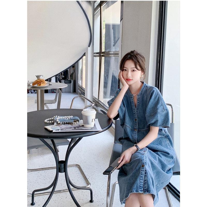 Vintage Hong Kong Style Denim Dress for Women Summer Thin Fabric High End Sense Loose Casual Straight Long Dress