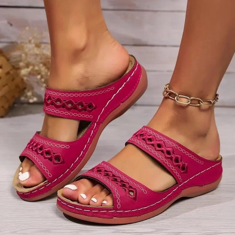 

Women Vintage Slippers Fashion Retro Casual Anti-slip Sandals Soft Sole Comfortable Round Head Solid Colour Walking Shoes 43 червоний