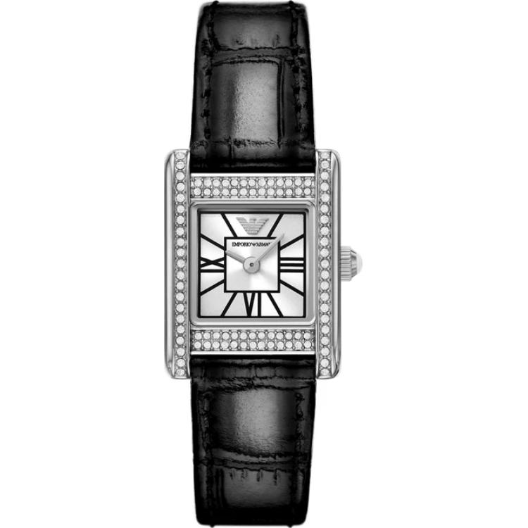 Emporio Armani Two-Hand Black Leather Watch AR11660 Silver Dial