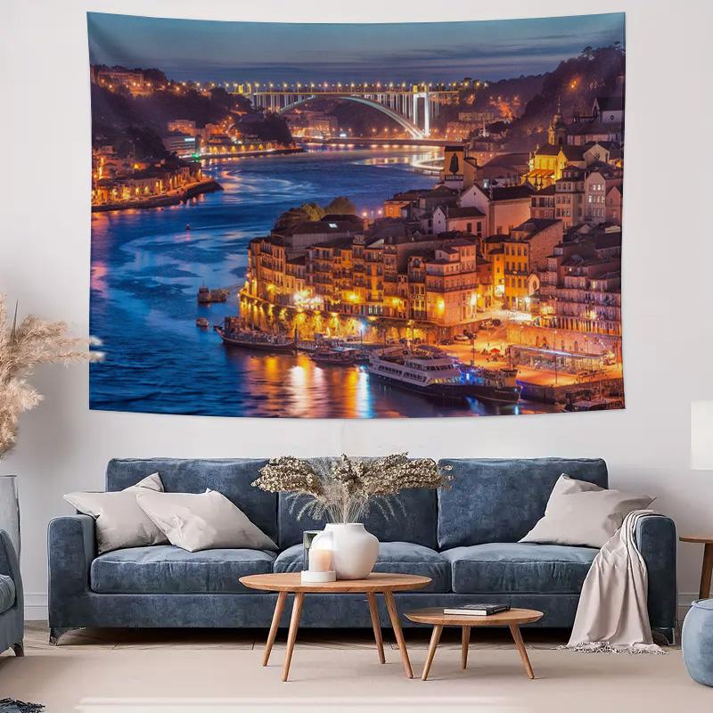 Porto night view blue river tapestry Urban scenery art decor Wall hanging blue river view 74x94cm(29x37in)