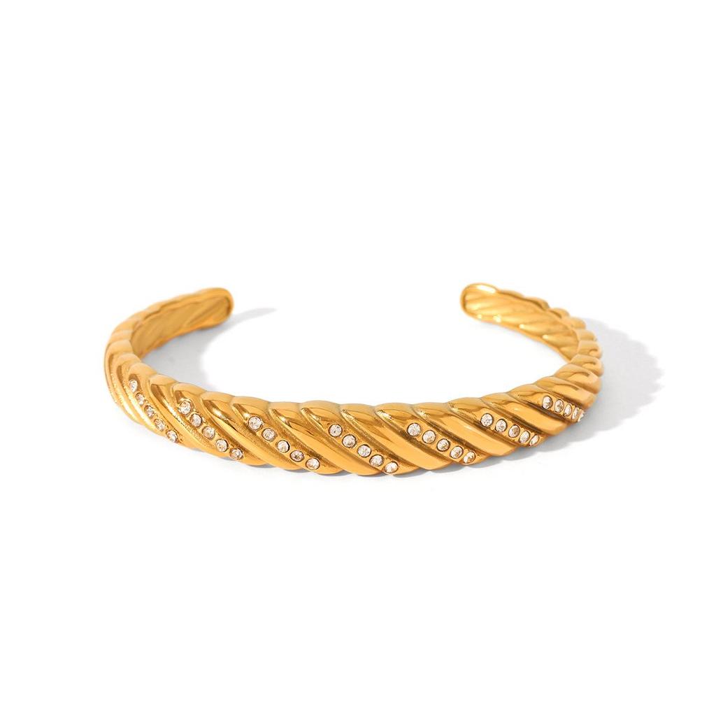 18K Gold-Plated Diamond-Studded Stainless Steel Bangle – Light Luxury Zircon Autumn/Winter Bracelet for Women
