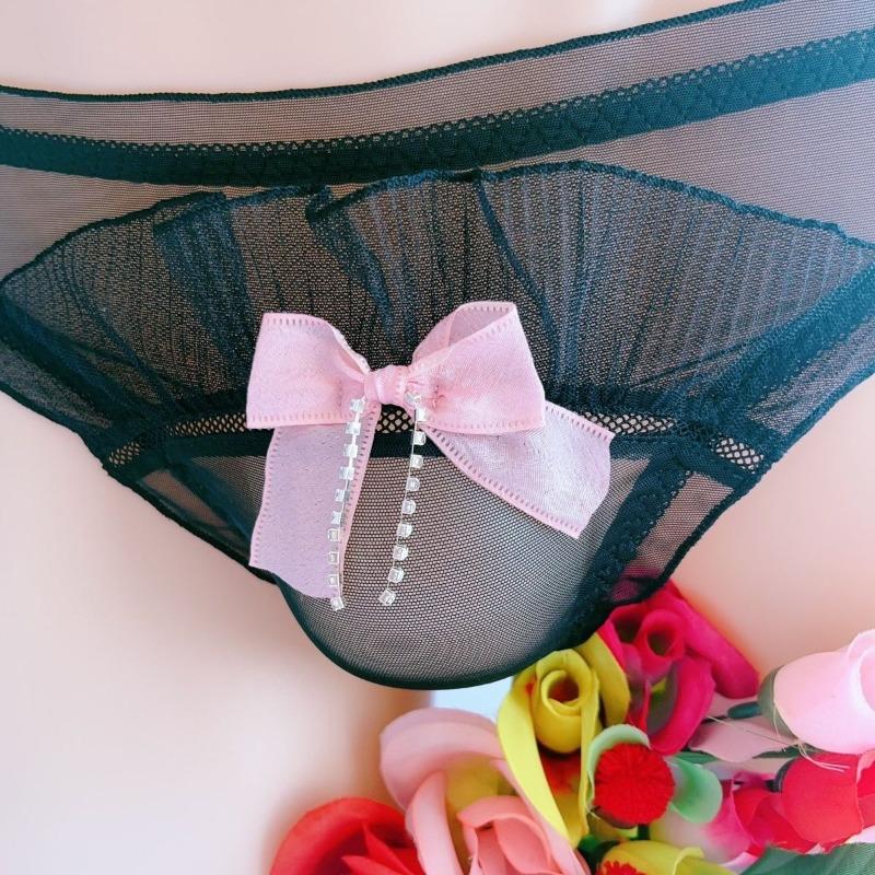 Women Panties For Men Japanese Sweet Bow Ruffle Edge Briefs Mesh See Through Sissy Lingerie Underwear Gay Lolita Male Nightwear