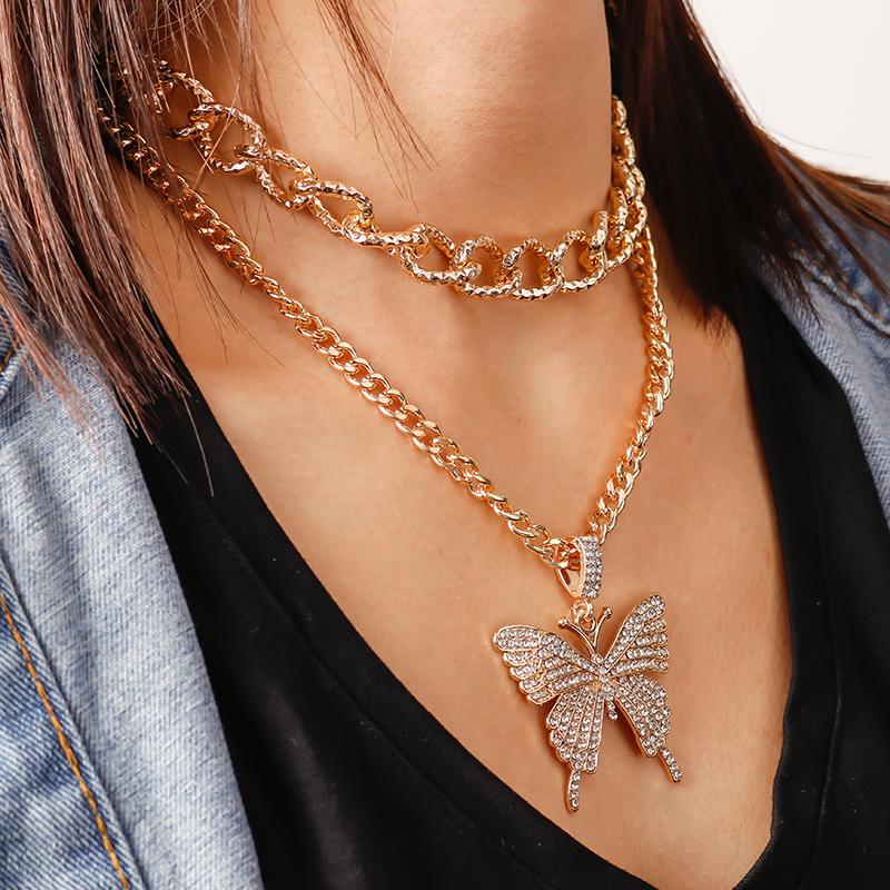 Delicate Crystal Butterfly Pendant Necklace Multi-layer Choker Necklaces Chain Women Girls Jewelry Gifts