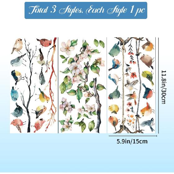 GLOBLELAND 3Pcs Branches and Birds Furniture Transfer 6x12inch Flowers and Plants Rub on Transfer Self-Adhesive Wall Art Decals for Bedroom Living