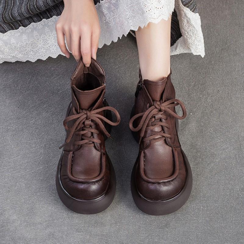 Johnature Botines cortos de felpa de estilo británico retro de cuero genuino con suela gruesa, zapatos de plataforma versátiles para mujer